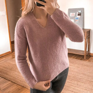 Moussy Pink V Neck Knit Designer Classic Pullover Jumper Sweater Women's OS